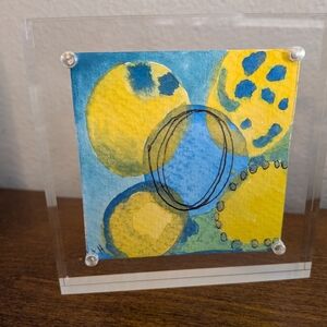 Original Abstract Blue and Yellow Watercolor In Acrylic Frame
